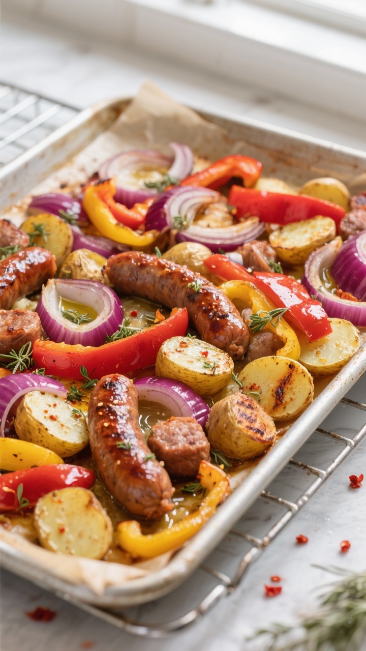 Cooking process, overhead: Roasting pan at the halfway point of a Sweet Italian Sausage and Potato S