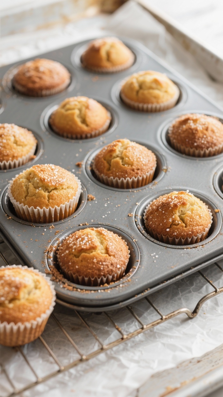 Cooking process: Overhead shot of a 12-cup muffin tin just out of the oven after the two-temperature