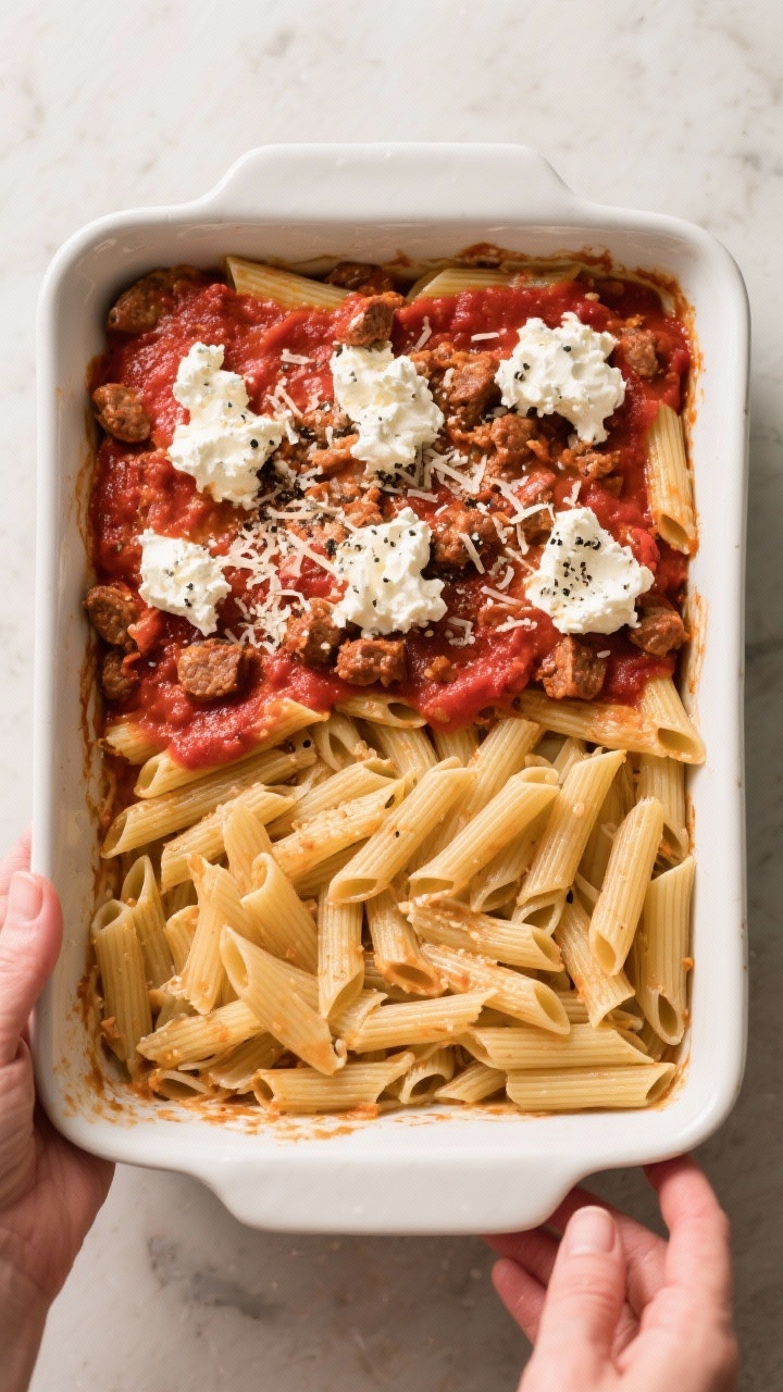 Cooking process: Overhead shot of a 9x13 baking dish mid-assembly—half the saucy ziti layered, gen
