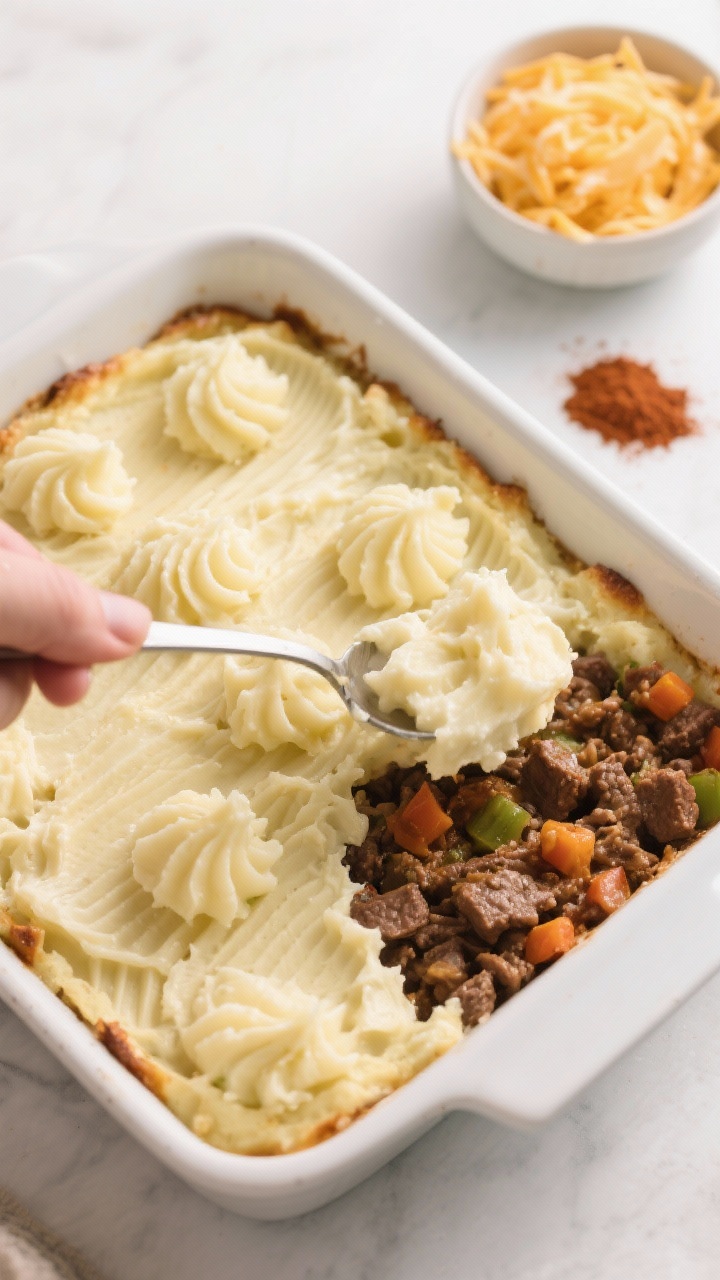 Cooking process: Overhead shot of a 9x9 casserole as mashed potatoes are being spooned and gently sp