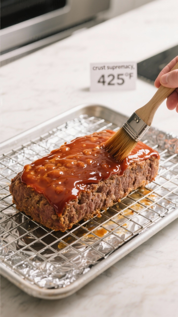 Cooking process: Overhead shot of a free-formed meatloaf on a wire rack over a foil-lined sheet pan 