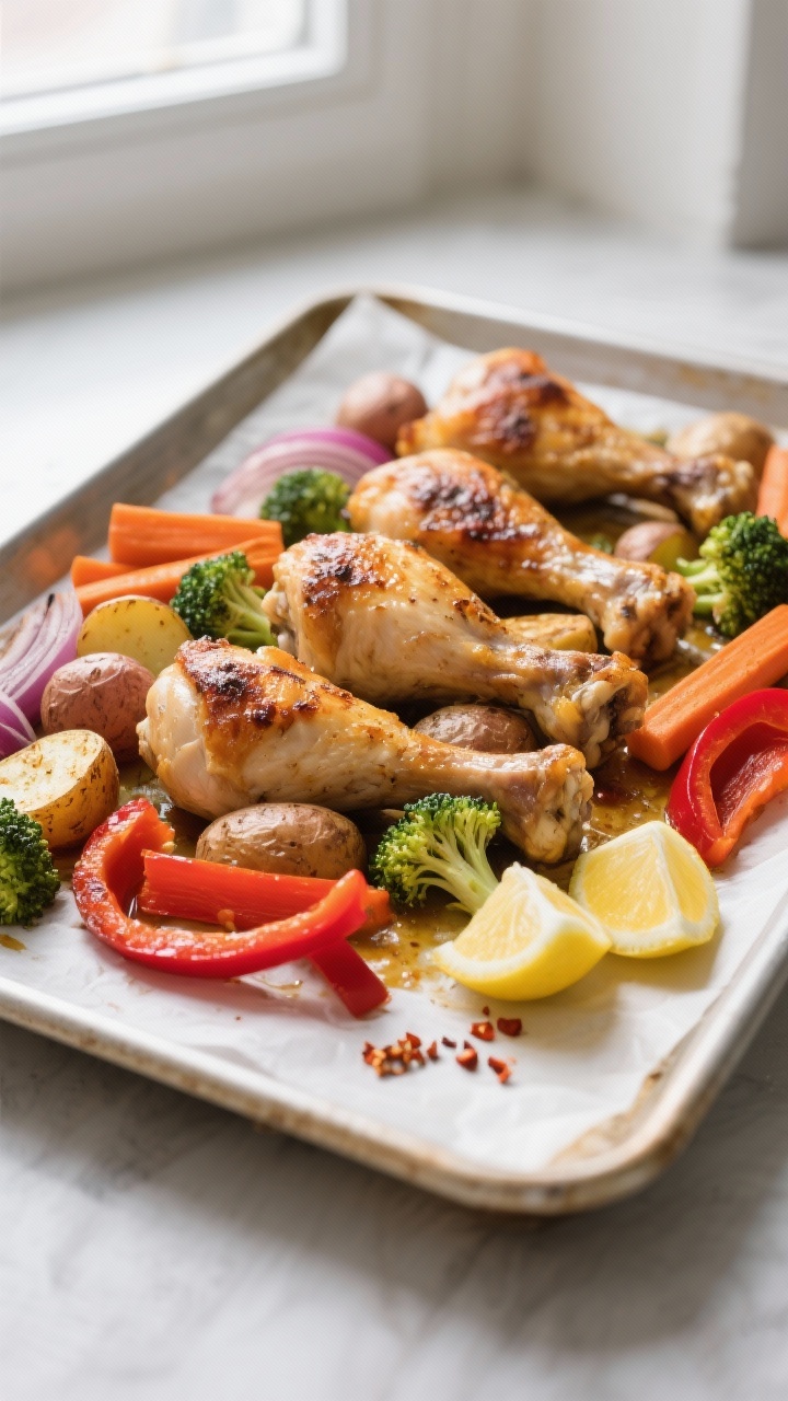 Cooking process: Overhead shot of a hot sheet pan just out of the oven at 425°F—drumsticks arrang
