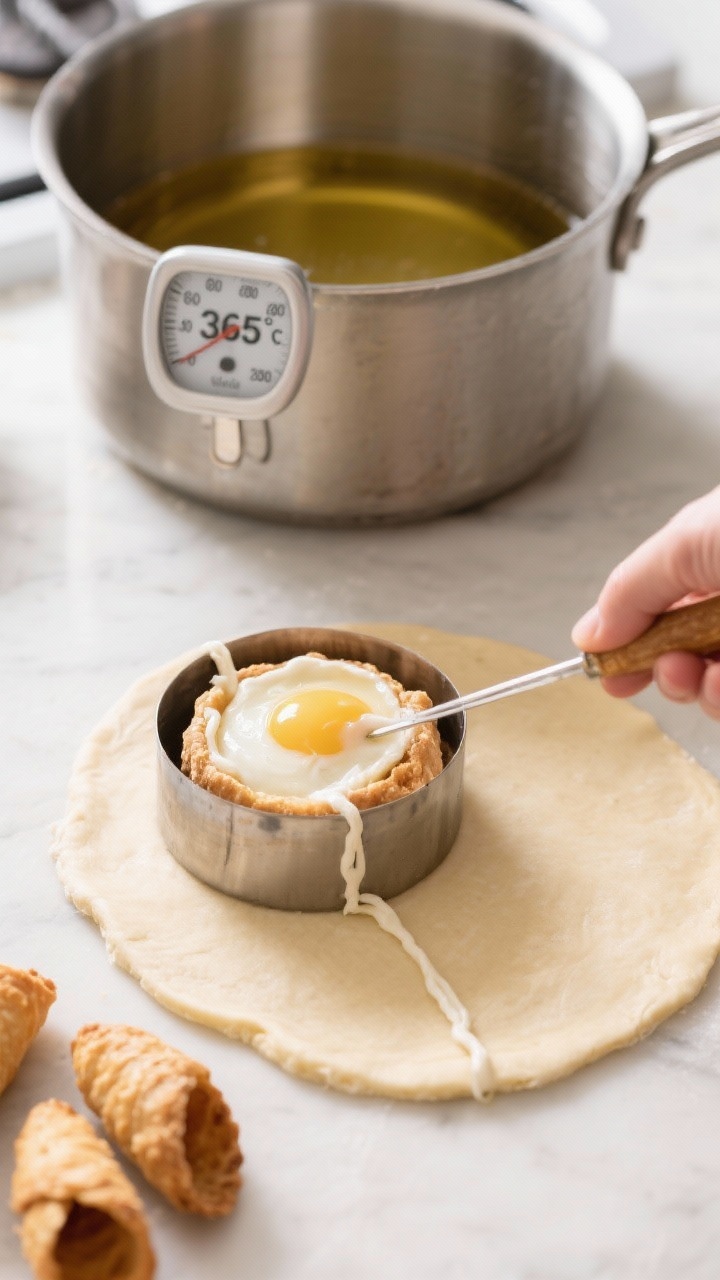 Cooking process: Overhead shot of a paper-thin cannoli dough round wrapped on a metal form being sea