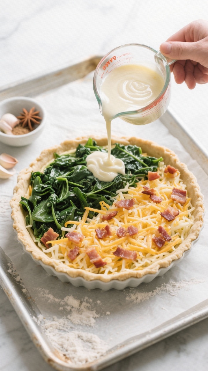 Cooking process: Overhead shot of a par-baked crust being layered—half the shredded cheese already