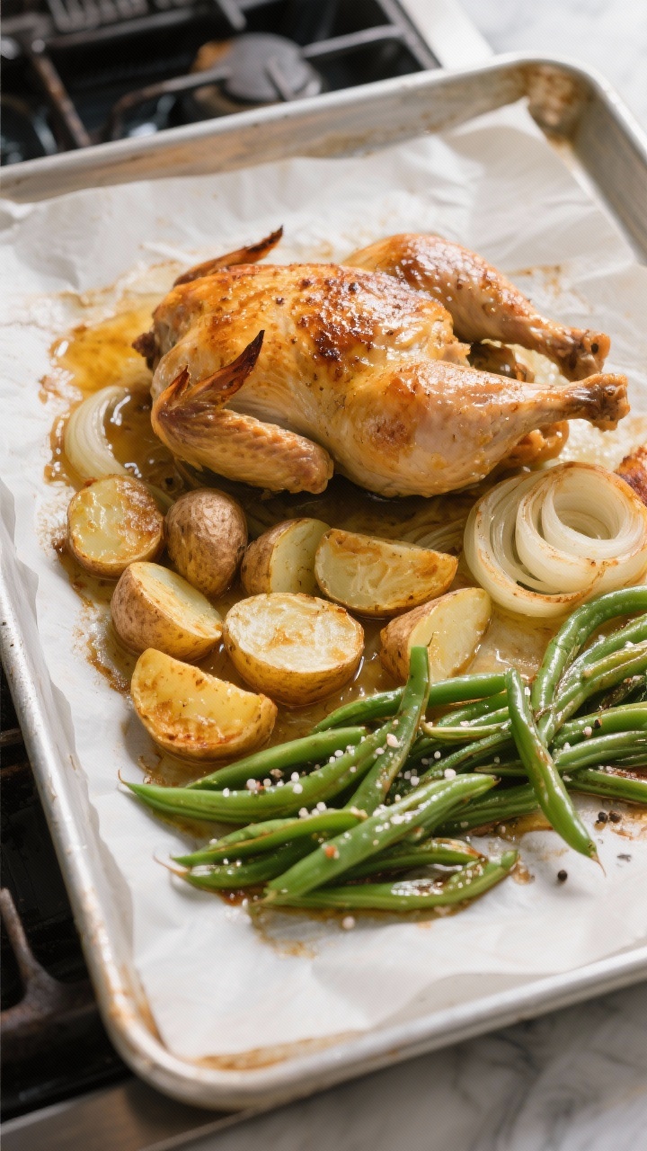 Cooking process: Overhead shot of a parchment-lined sheet pan mid-roast at 425°F, chicken skin side