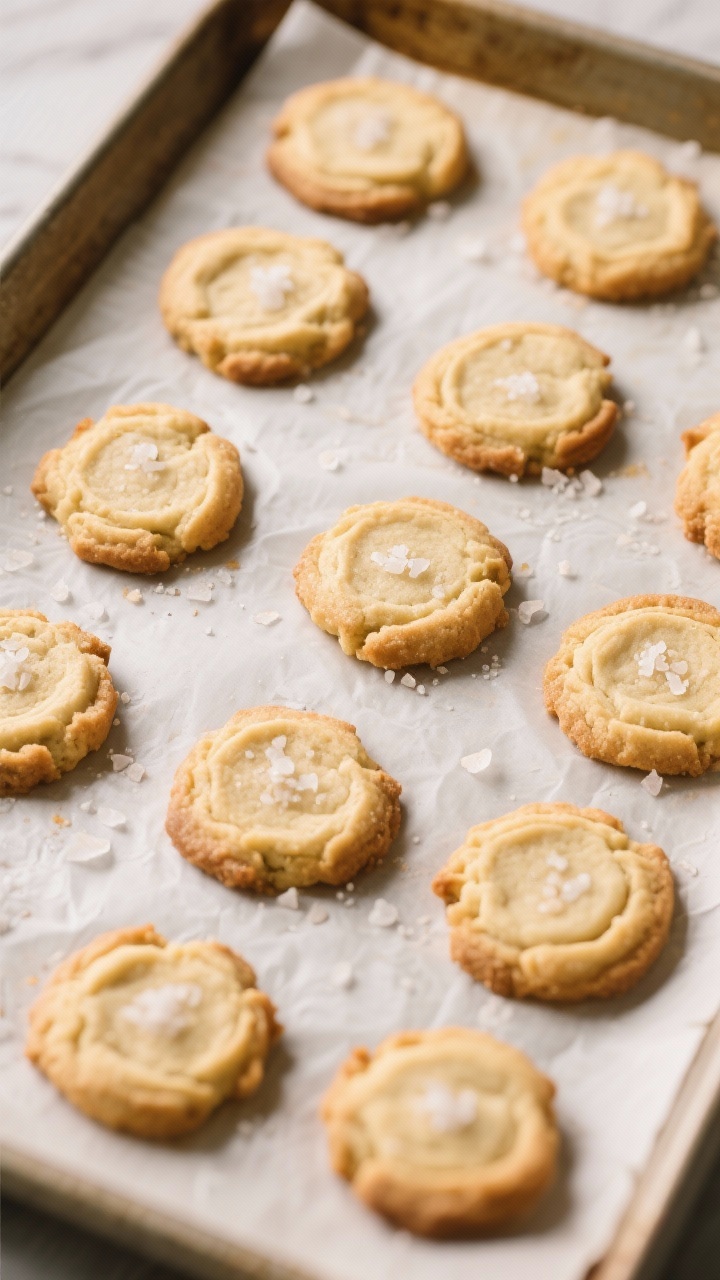 Cooking process: Overhead shot of a parchment-lined baking sheet fresh from the oven with evenly spa