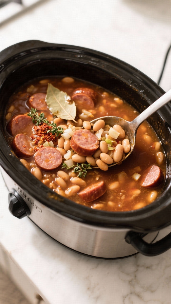 Cooking process: Overhead shot of a slow cooker mid-cook with beans simmering and sliced kielbasa ju