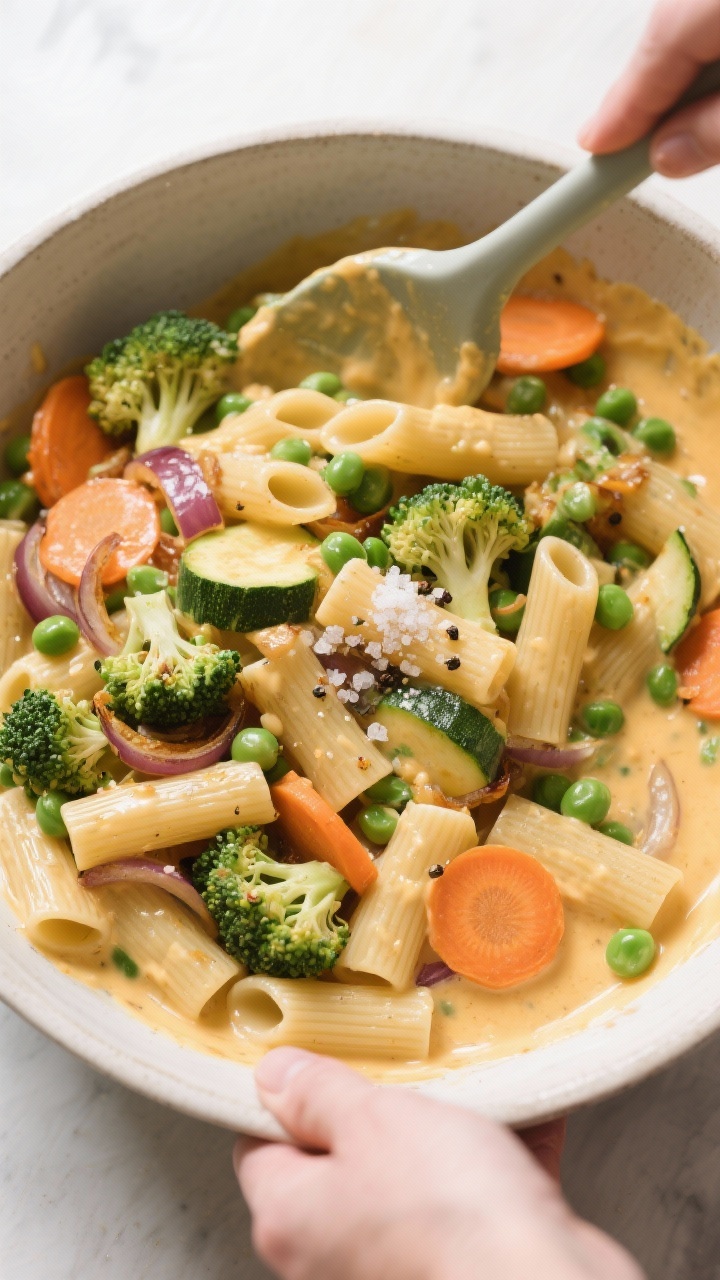 Cooking process: Overhead shot of al dente rigatoni and sautéed leftover veggies (broccoli florets,