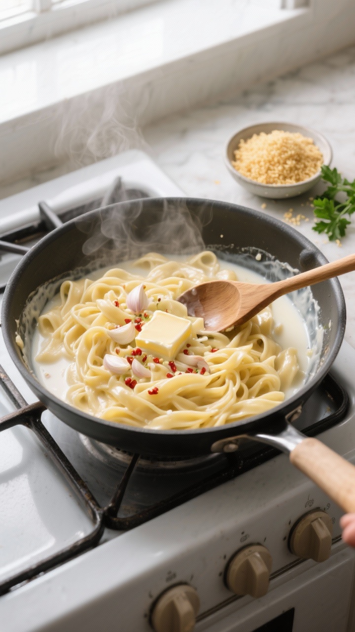 Cooking process: Overhead shot of Alfredo being rehydrated and tossed in one skillet—steaming past