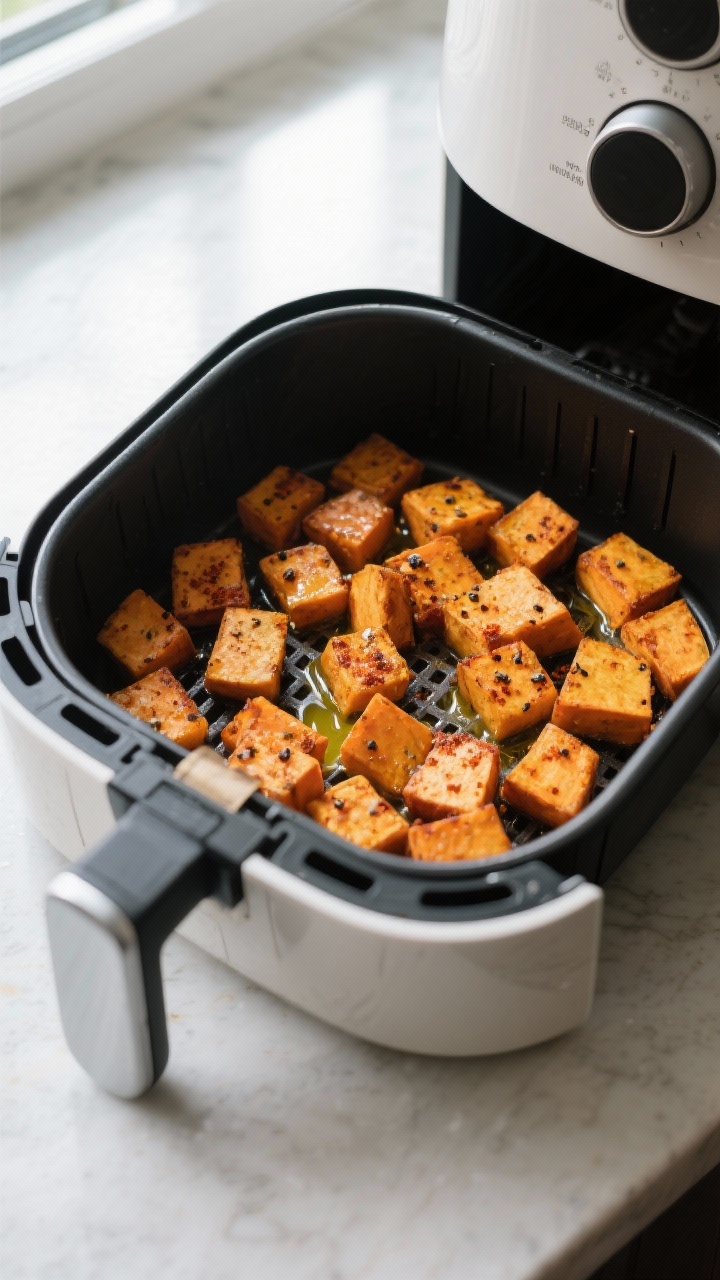 Cooking process: Overhead shot of an air fryer basket mid-cook at the 7-minute shake, sweet potato c