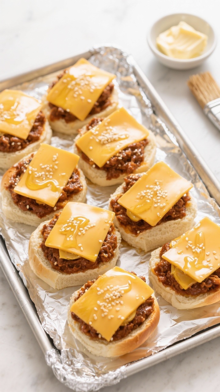 Cooking process: Overhead shot of assembled slider sheet before baking—bottom halves of connected 