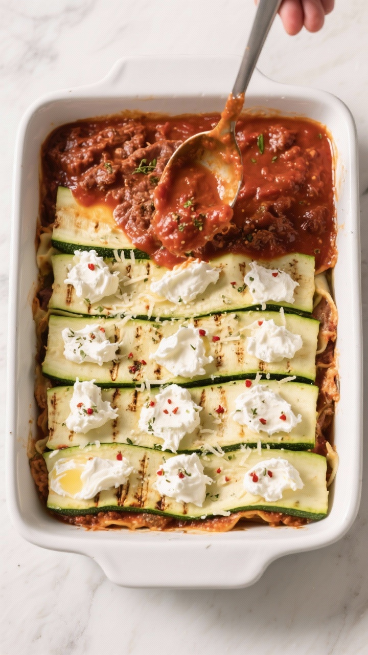 Cooking process: Overhead shot of assembly in a 9x13 baking dish—second layer going in with evenly
