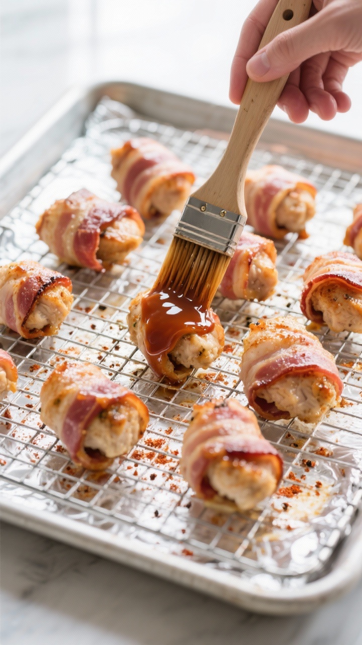 Cooking process: Overhead shot of bacon-wrapped chicken bites spaced evenly on a wire rack over a fo