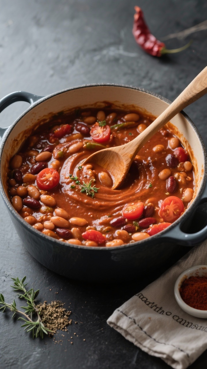 Cooking process: Overhead shot of chili after the “add the cans” step, just stirred—beans and 