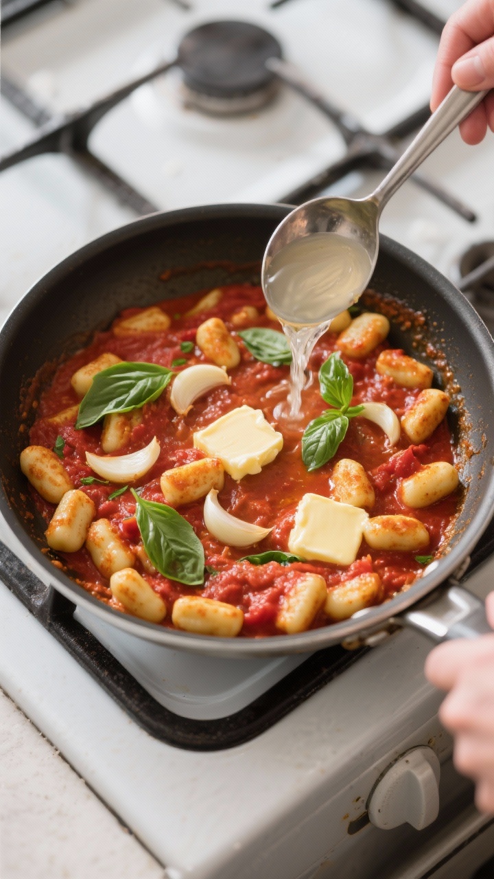 Cooking process: Overhead shot of cooked gnocchi being tossed directly in the sauce in a wide sauté