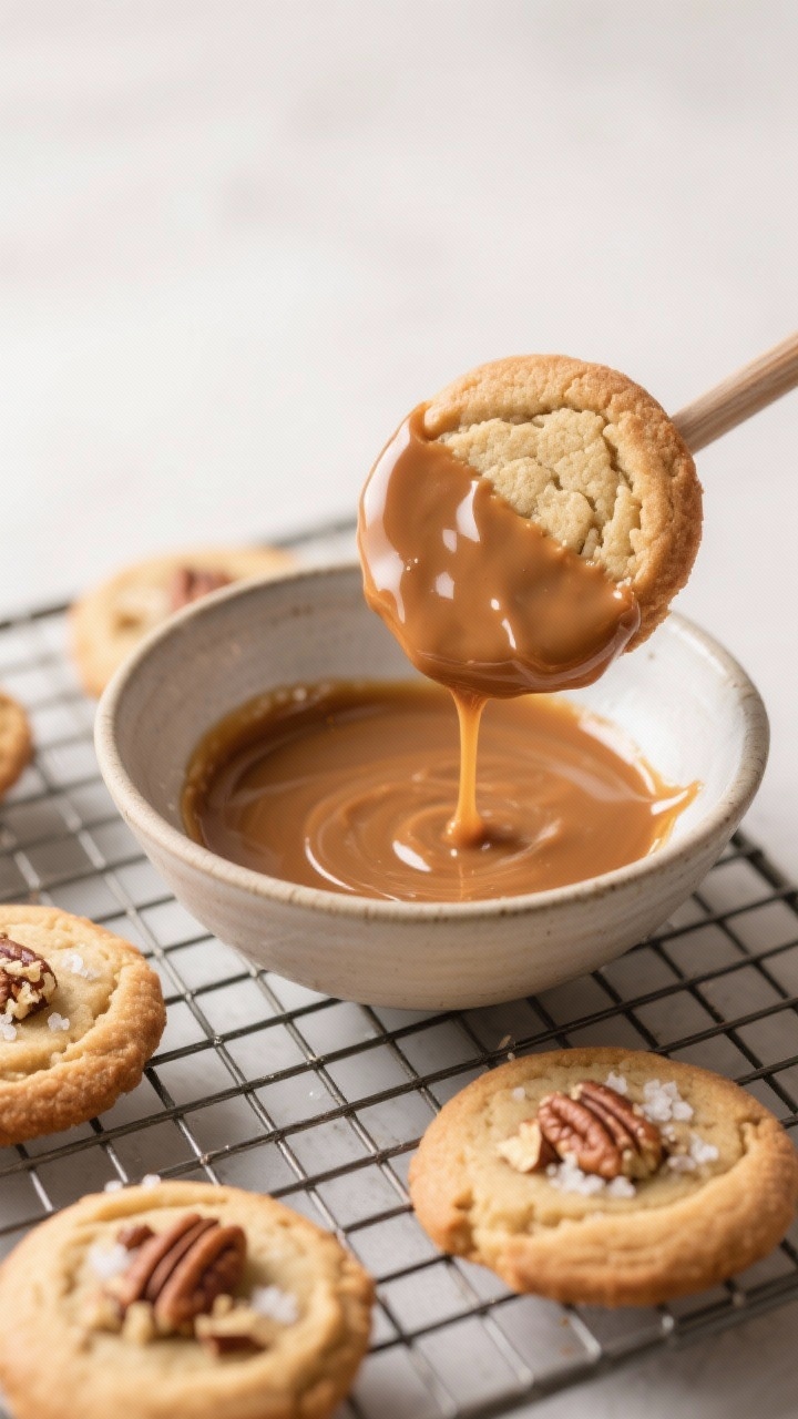 Cooking process: Overhead shot of cooled cookies being dipped into thick, glossy maple icing in a lo