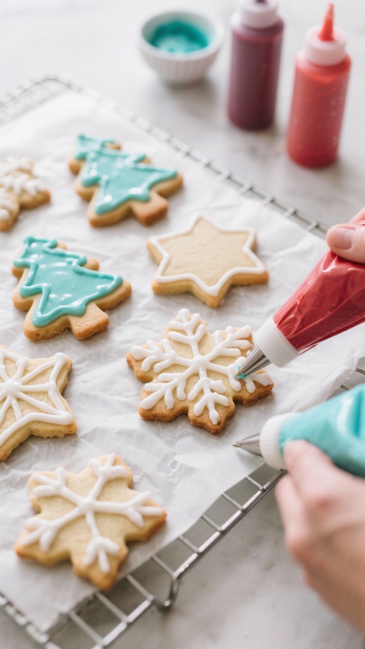 Cooking process: Overhead shot of cooled cut-out cookies (trees, stars, and snowflakes) being decora