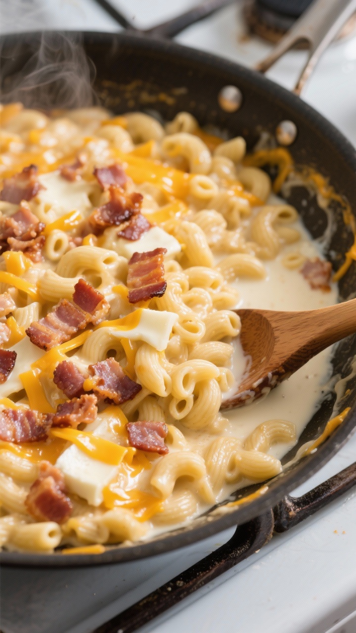 Cooking process: Overhead shot of creamy bacon mac and cheese in a skillet while being loosened with