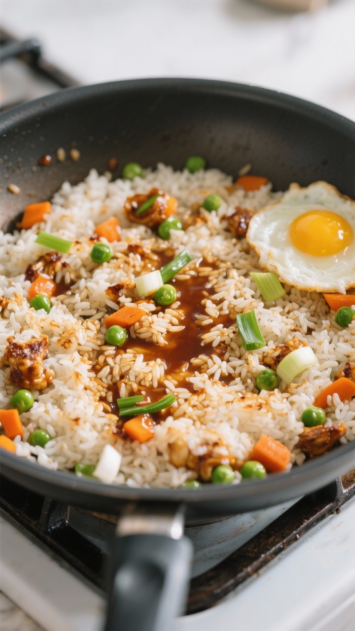 Cooking process: Overhead shot of day-old jasmine rice being fried in a wide nonstick pan, rice spre