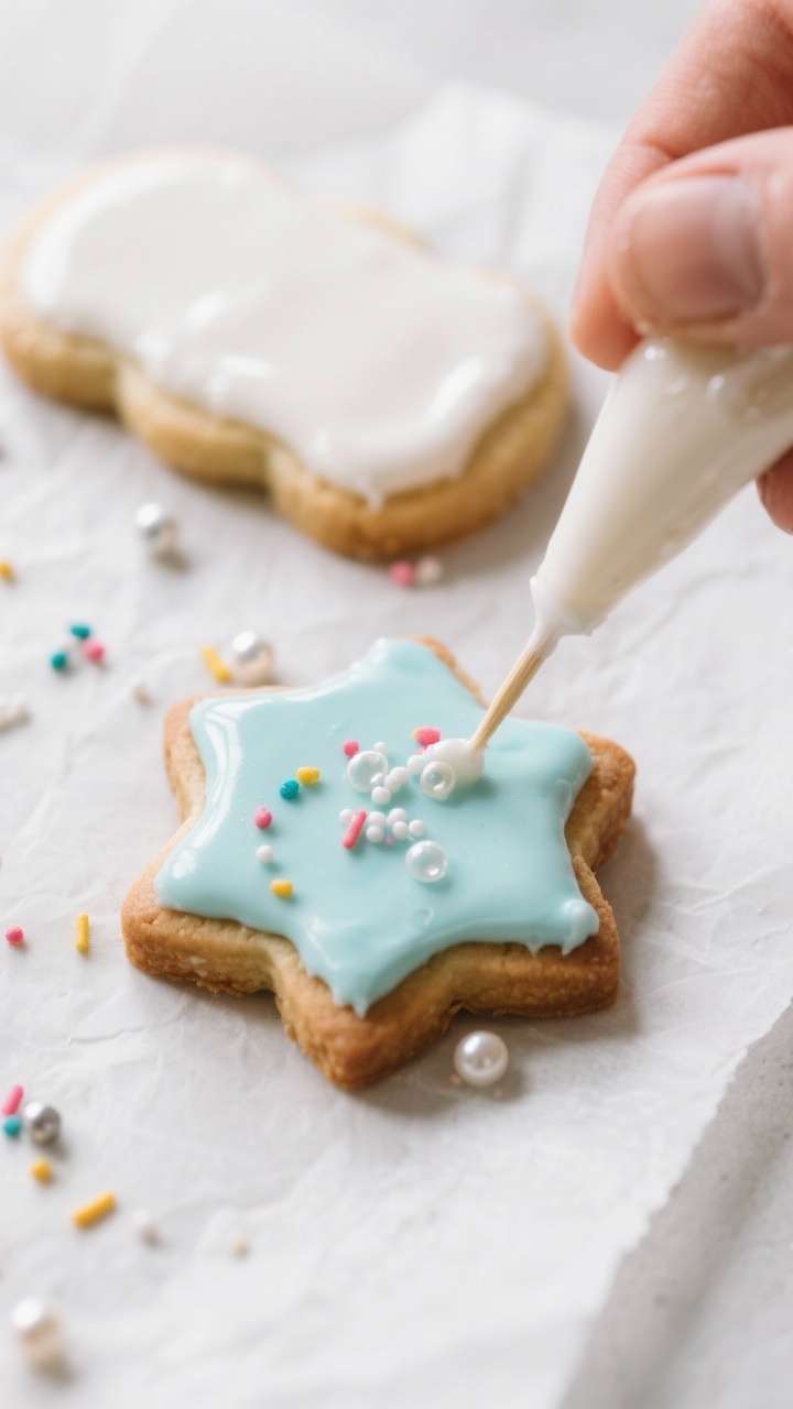 Cooking process: Overhead shot of decorating in progress—outlined and flooded vegan royal icing on