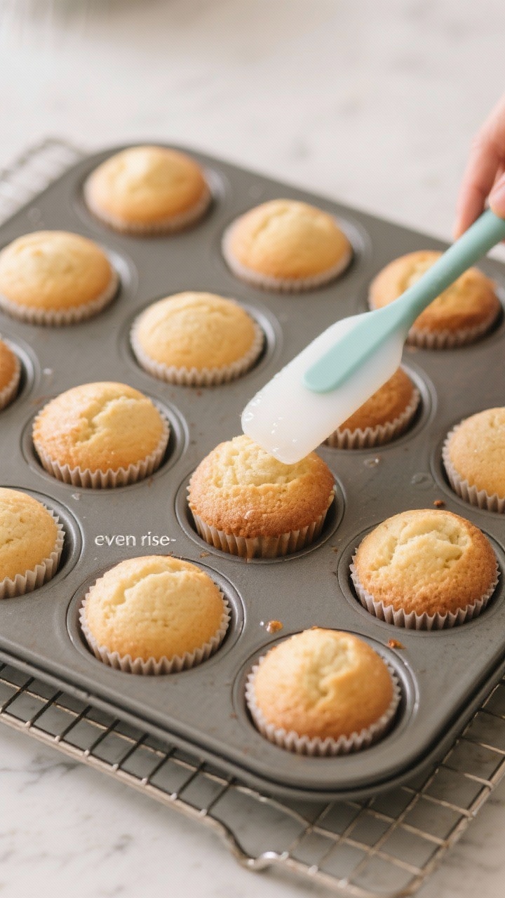 Cooking process: Overhead shot of freshly baked cupcakes cooling in a lined 12-cup muffin tin on a w