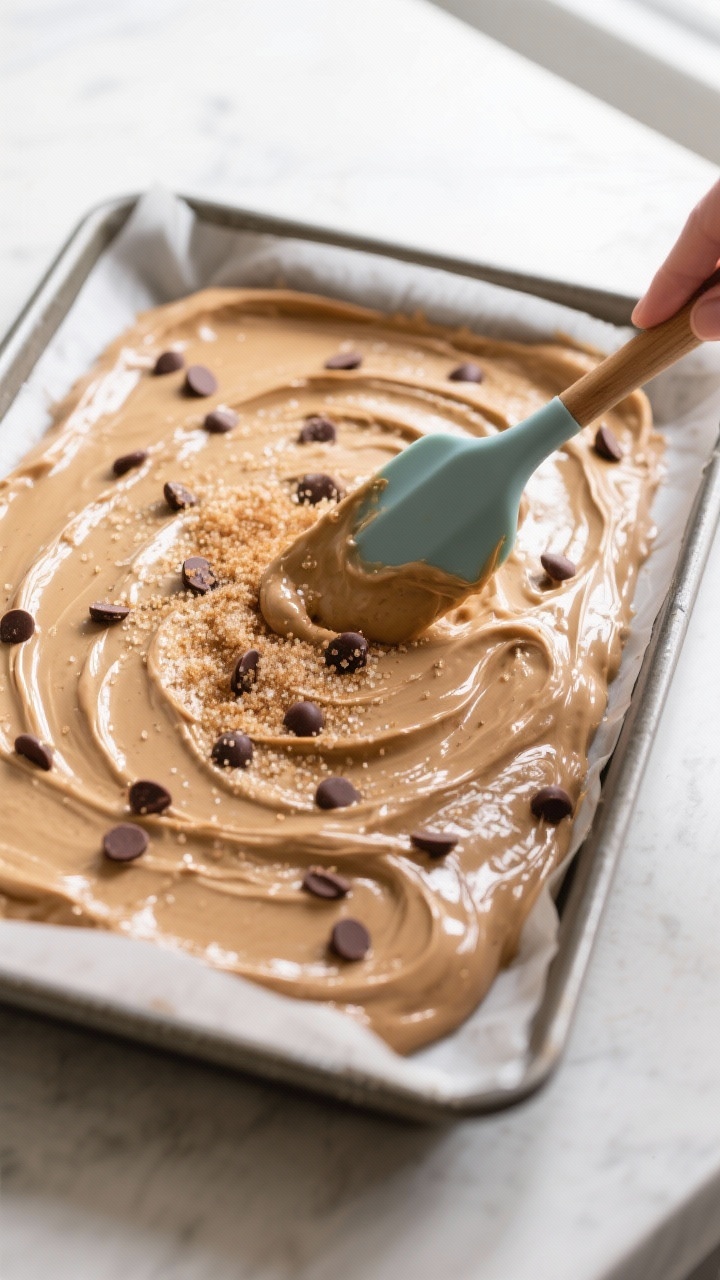 Cooking process: Overhead shot of glossy batter being spread evenly in a parchment-lined 9x13 pan wi