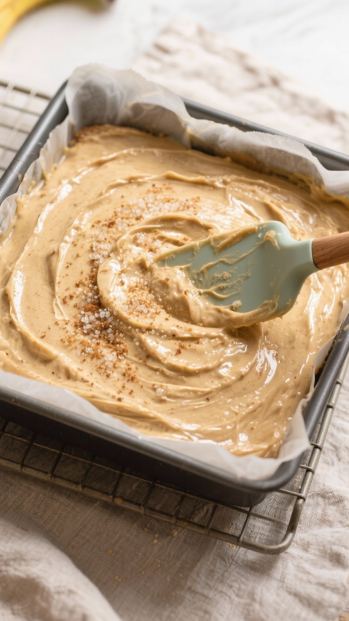 Cooking process: Overhead shot of glossy, combined wet ingredients folded with dry—banana cake bat