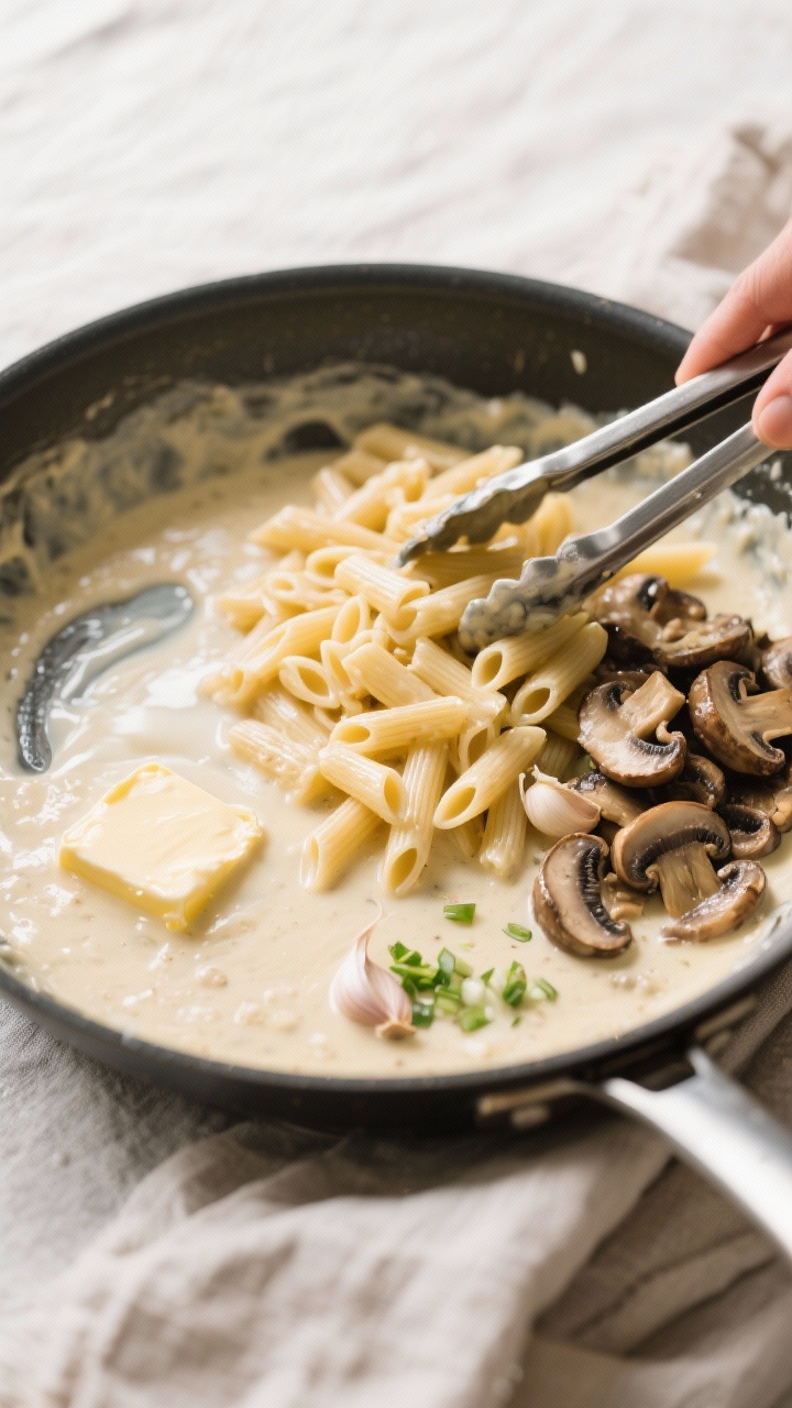 Cooking process: Overhead shot of leftover Alfredo being revived in a wide stainless skillet—sauce