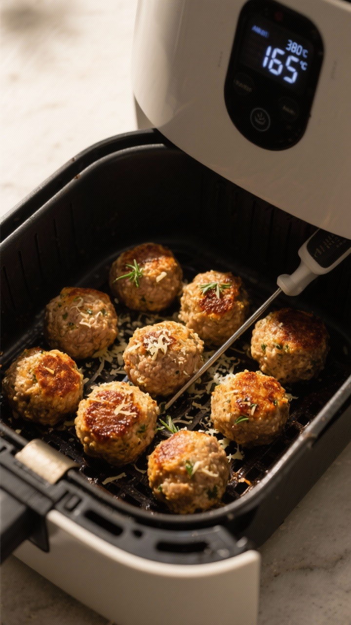 Cooking process: Overhead shot of meatballs mid-cook in an air fryer at 380°F, evenly spaced in a s