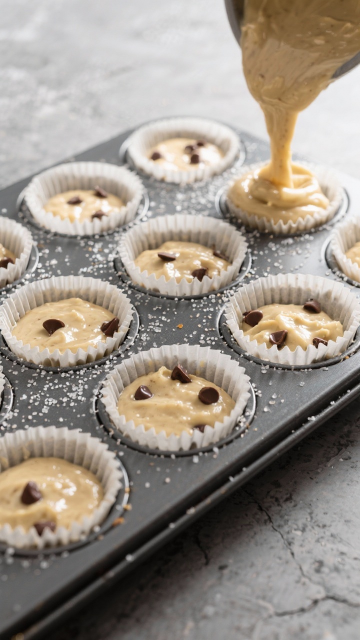 Cooking process: Overhead shot of muffin batter being portioned into a lined 12-cup muffin pan, batt