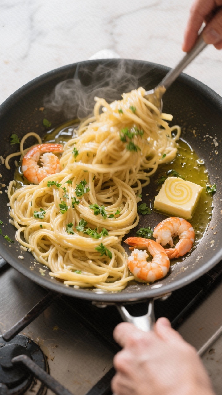 Cooking process: Overhead shot of pasta being vigorously tossed in a wide skillet with starchy pasta