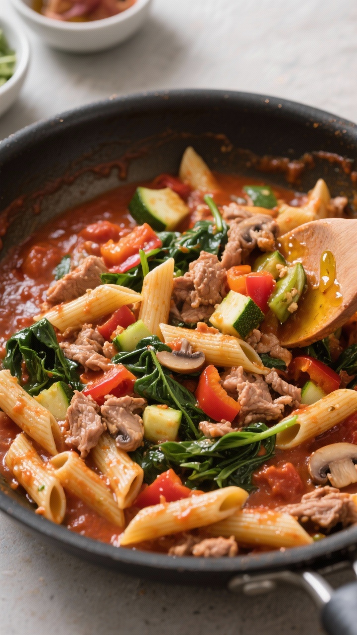 Cooking process: Overhead shot of penne being tossed with the silky tomato-turkey sauce in a large s