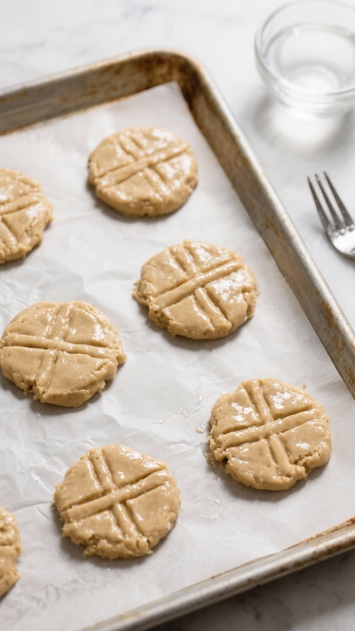 Cooking process: Overhead shot of portioned cookie dough just flattened and crosshatched on a parchm