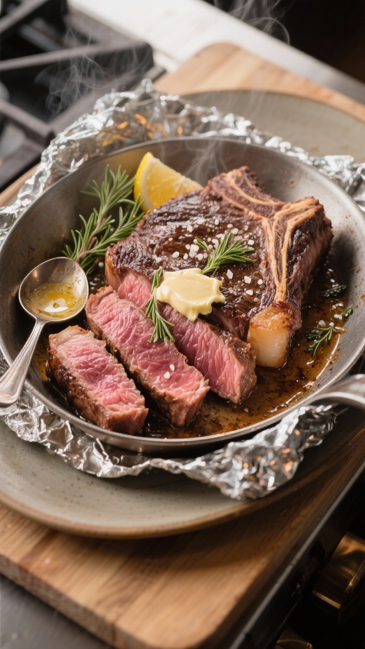 Cooking process: Overhead shot of ribeyes resting on a warm plate post-oven finish, sliced a few pie