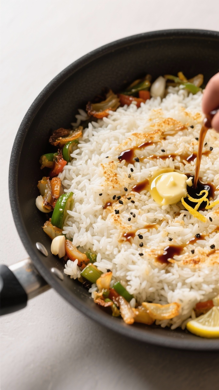 Cooking process: Overhead shot of rice being toasted in the skillet—day-old jasmine rice spread in