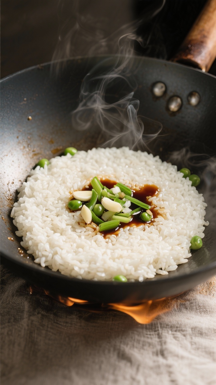 Cooking process: Overhead shot of rice pressed into an even layer in a hot wok to form a light crust