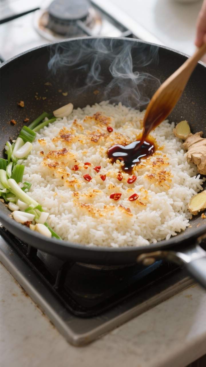 Cooking process: Overhead shot of rice searing in a wide carbon-steel skillet, rice spread in an eve
