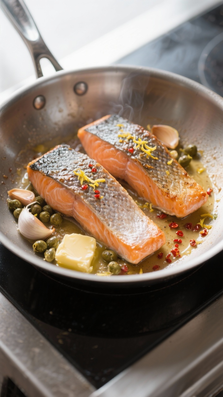 Cooking process: Overhead shot of salmon skin-side down in a stainless skillet during the sear, two-