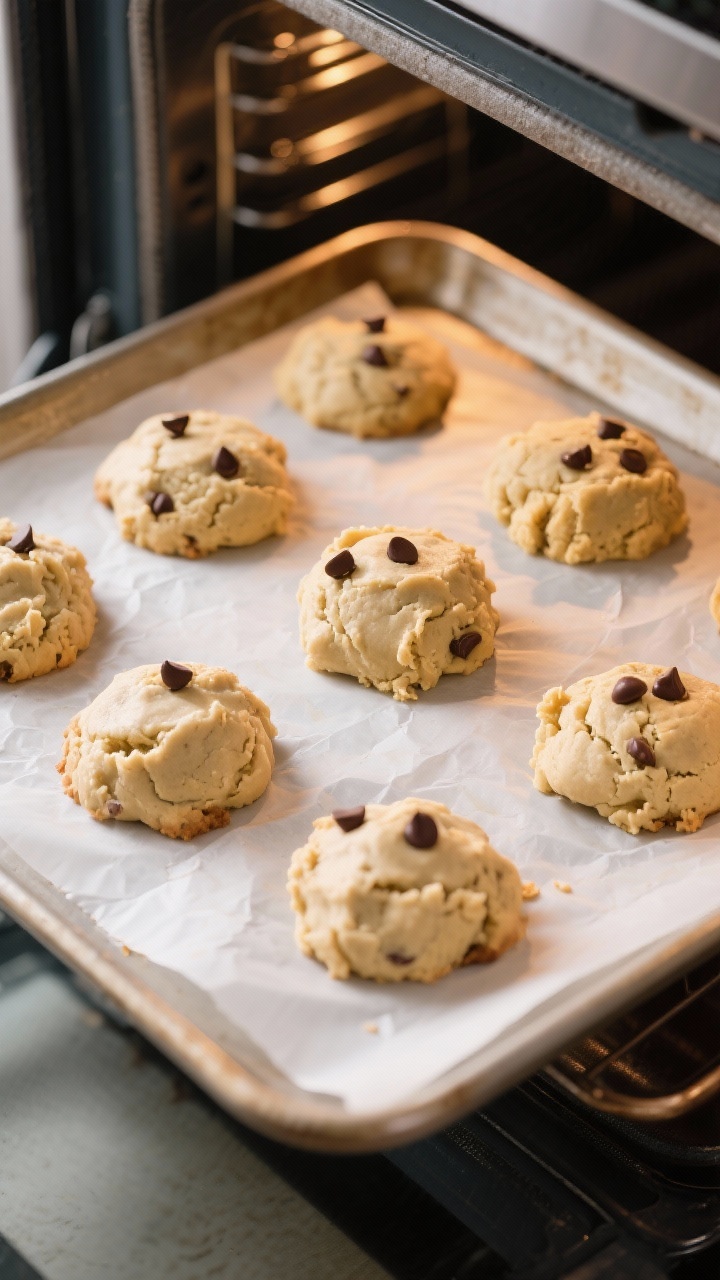 Cooking process: Overhead shot of scooped, chilled cookie dough mounds spaced on parchment-lined bak