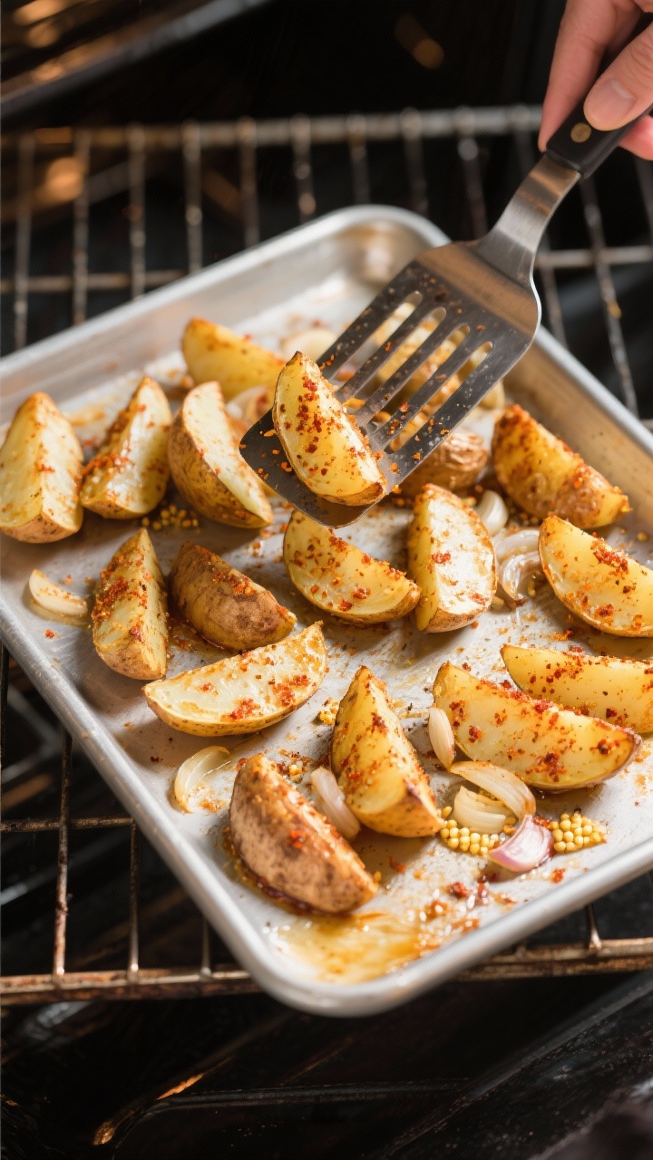 Cooking process: Overhead shot of seasoned wedge-cut leftover potatoes arranged in a single layer wi