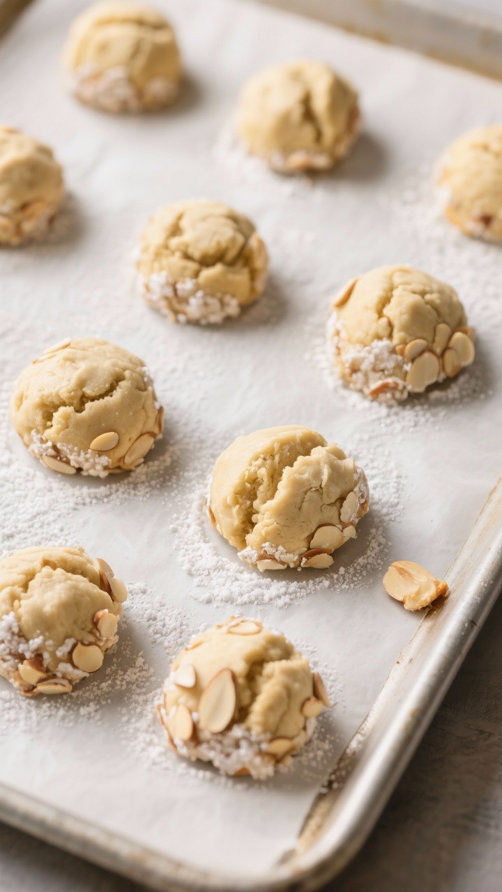 Cooking process: Overhead shot of shaped cookie dough balls on a parchment-lined baking sheet, almon