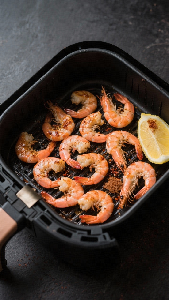 Cooking process: Overhead shot of shrimp arranged in a single layer in a preheated air fryer basket 