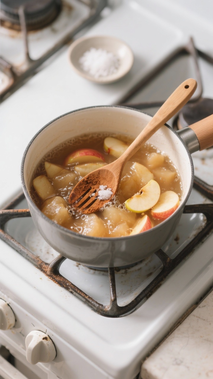 Cooking process: Overhead shot of simmering applesauce mid-cook in a medium saucepan, apples slumped