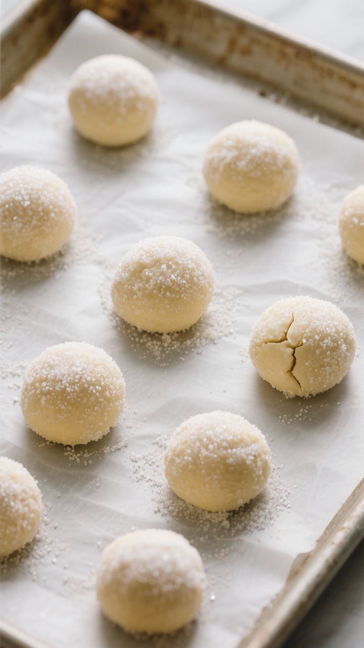 Cooking process: Overhead shot of sugared dough balls arranged 2 inches apart on parchment, each per