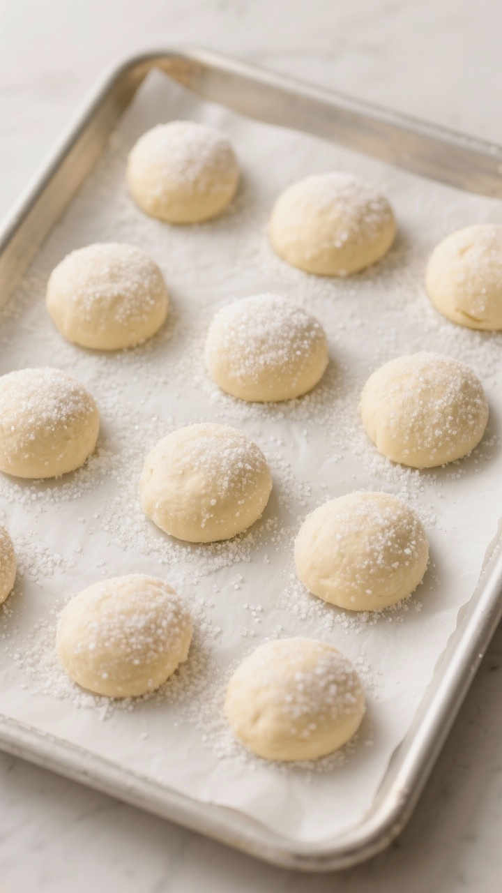 Cooking process: Overhead shot of sugared dough balls gently pressed to 1/2-inch thickness on a parc