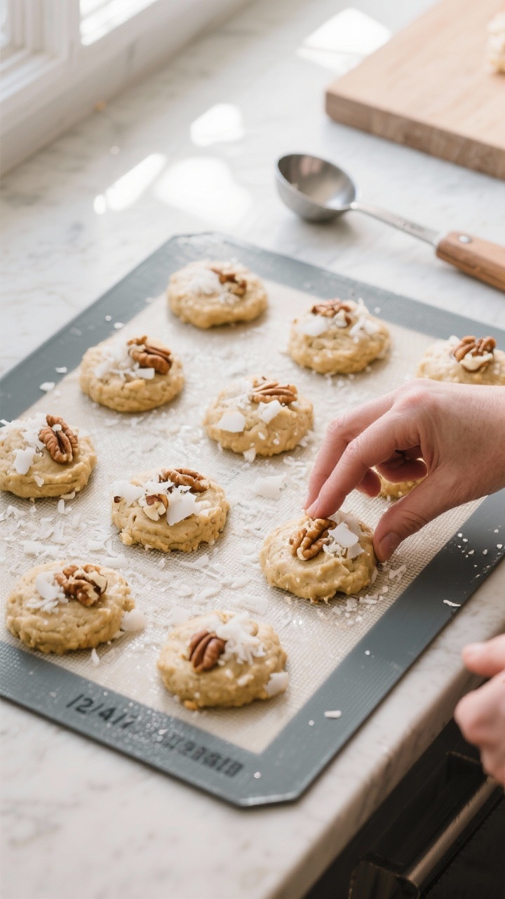 Cooking process: Overhead shot of tablespoon-sized mounds being gently pressed into 1/2-inch thick r