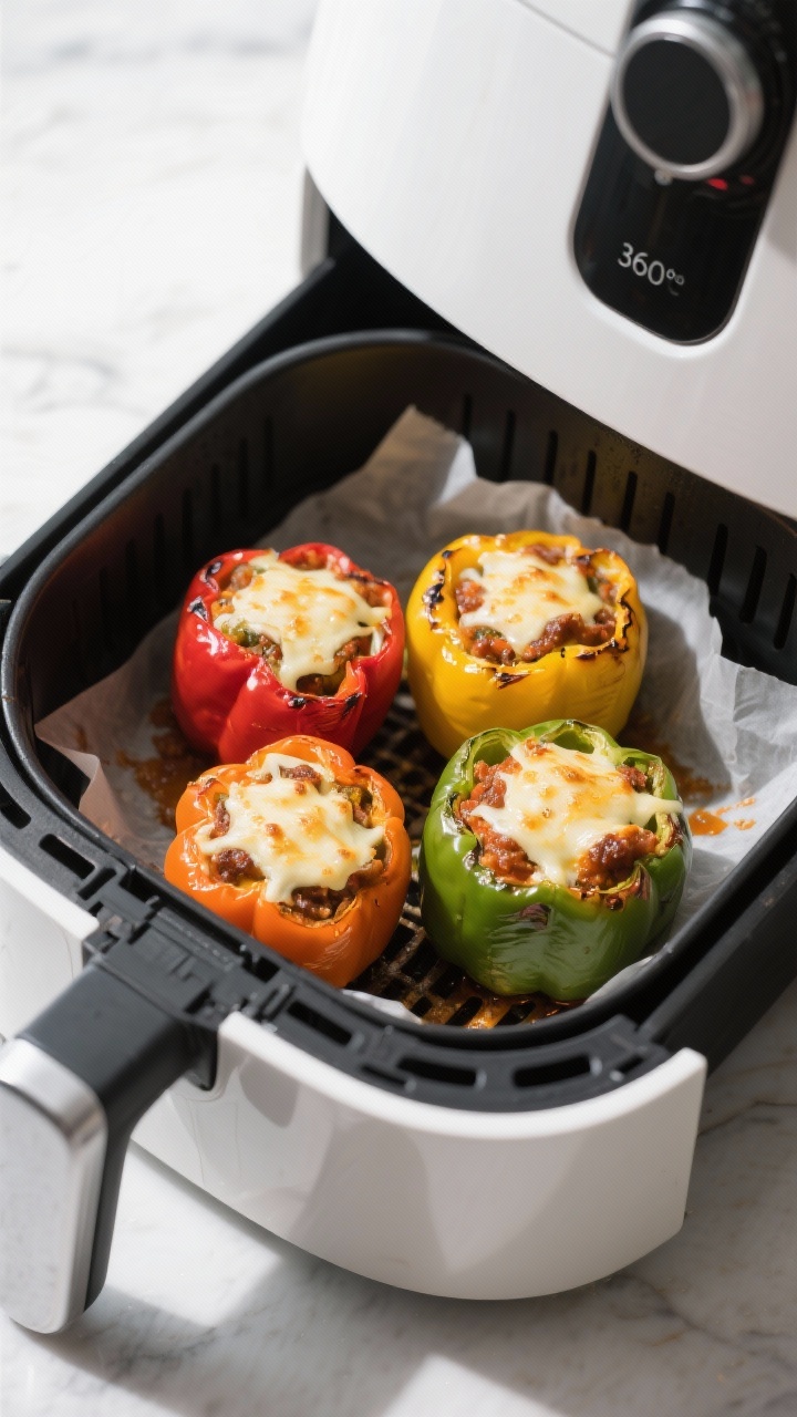 Cooking process: Overhead shot of the air fryer basket with four upright stuffed bell peppers mid-co