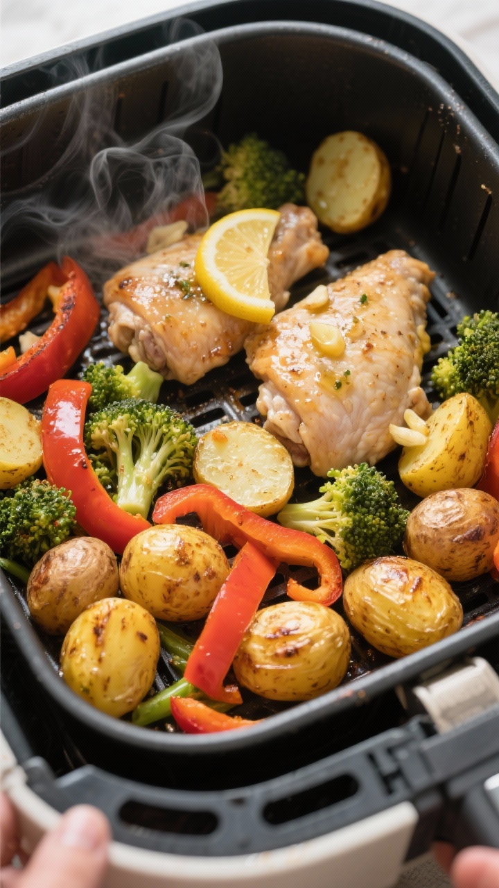 Cooking process: Overhead shot of the air fryer basket mid-cook at 380°F—golden baby potatoes wit