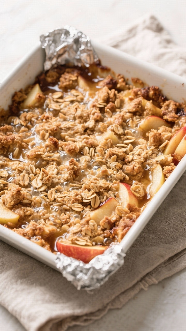 Cooking process: Overhead shot of the assembled apple crisp just out of the oven in a 9-inch square 