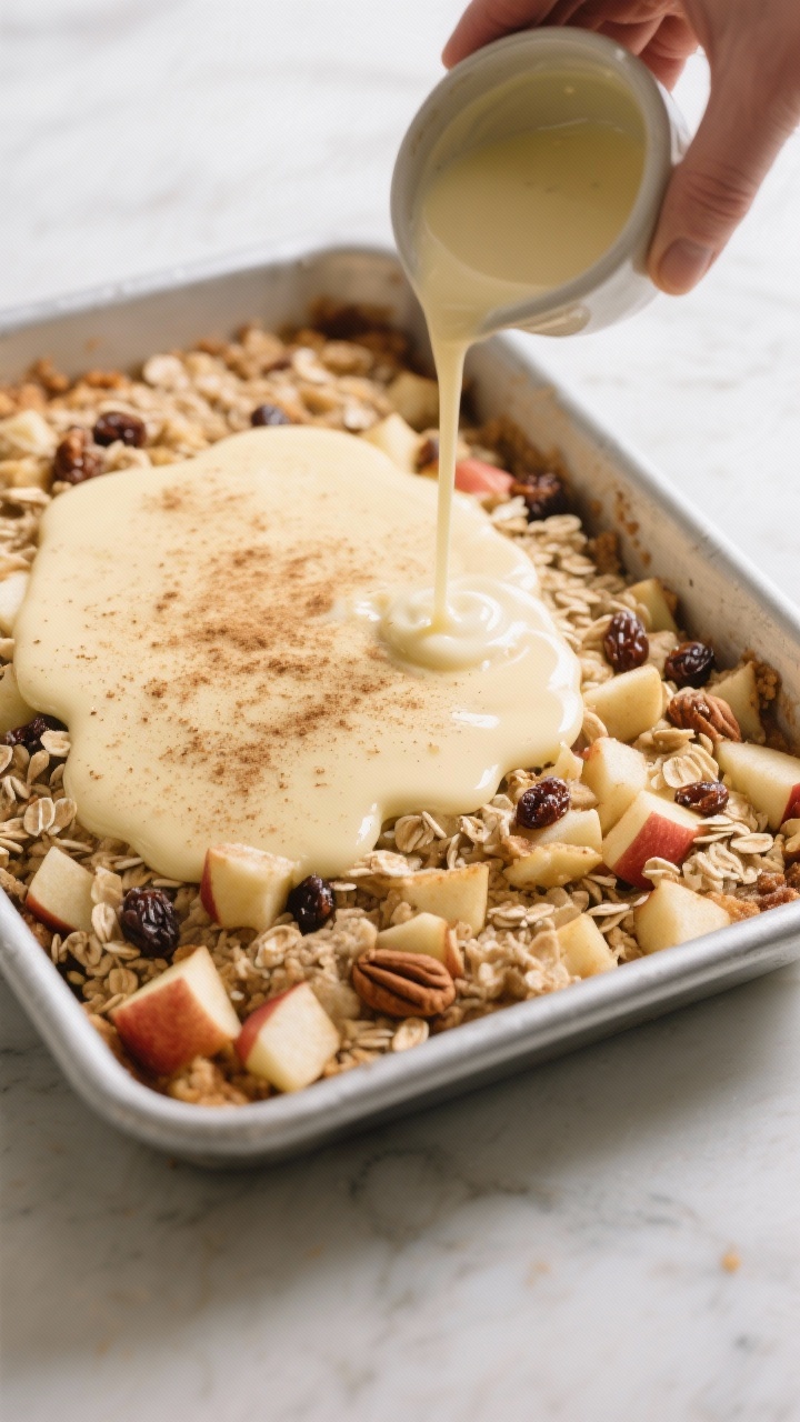 Warm Cinnamon Apple Oatmeal Bake (From Leftover Apples) — The Lazy Genius Breakfast That Tastes Like a Hug Cooking process: Overhead shot of the assembled bake before going into the oven—layered diced appl